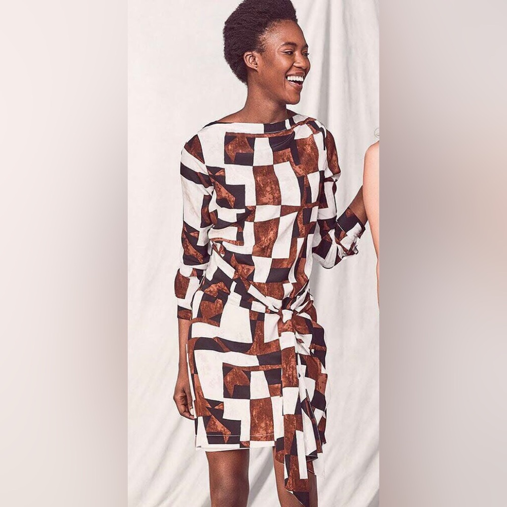 NWT Worth New York brown white silk Geomatric bow tie dress size M